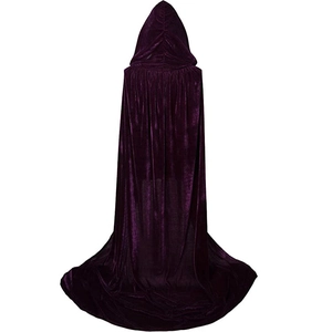Detailed back view of a long purple velvet hooded cloak for Halloween stage costumes