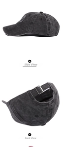 Close-up of vintage washed grey baseball cap with embroidery and adjustable metal buckle
