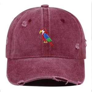 Close-up of parrot embroidery and distressed details on a burgundy washed baseball cap