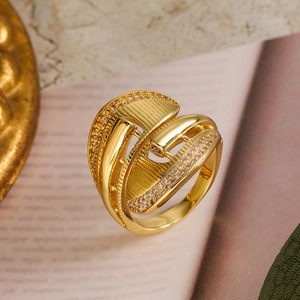 18K gold plated multilayer geometric open ring with shimmering cubic zirconia accents