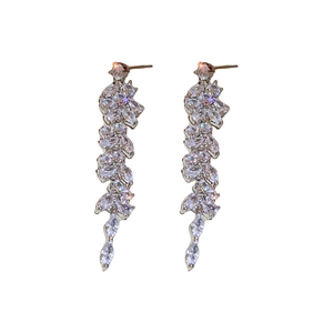 Sparkling silver leaf drop earrings with long tassel and cubic zirconia crystals