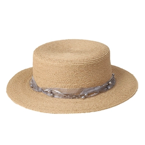 Lafite straw boater hat with grey ribbon and faux pearl trim for women summer vacations