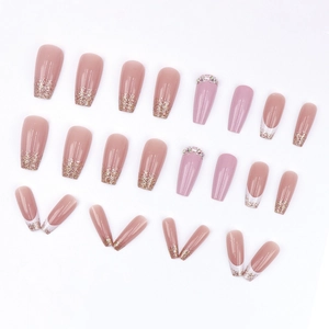Long coffin gradient fake nails with glitter and rhinestones in soft pink and purple tones