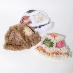 Women's boho knit rabbit fur bucket hats in various vintage and colorful patterns