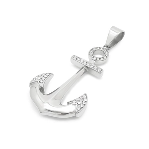 Pendentif ancre en acier inoxydable argenté avec strass brillants sur fond blanc