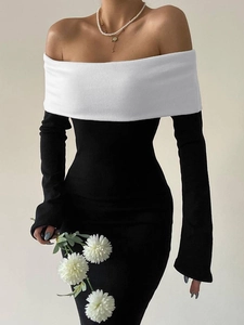 Women Off Shoulder Contrast Color Maxi Dress Long Sleeve Slim Fit Mermaid Hem Elegant Evening Party Banquet Gown