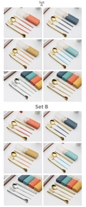 Detailed comparison of various colored stainless steel cutlery sets in travel storage cases
