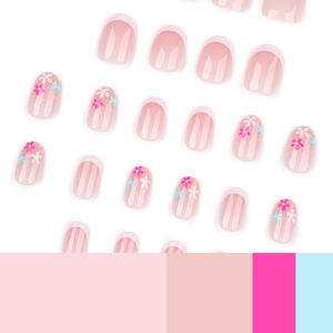 French rose pink press-on nails with white tips and floral art patterns set