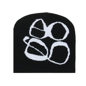 Y2K gothic knit beanie in black featuring white jacquard abstract line patterns
