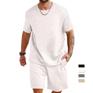 Men's summer ice silk sports set with waffle texture white short sleeve t-shirt and shorts