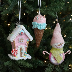 Pink Christmas ornaments set with candy house, ice cream cone, and snowman for tree decor
