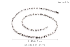 Polished silver stainless steel ball chain necklace with size and weight dimensions