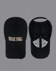 Detail of embroidered letters and distressed ripped brim on a cotton baseball cap