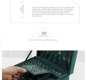 Detailed interior of a three-layer velvet jewelry box with ring slots and necklace hooks