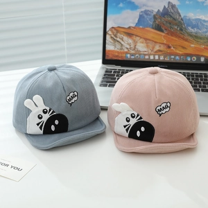 Corduroy baby baseball caps with zebra patch in light blue and pink colors