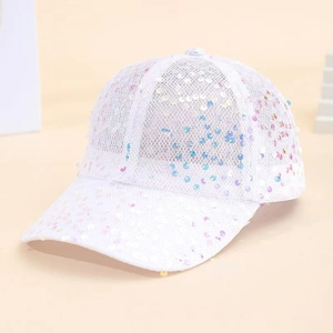 Close-up of sparkling colorful sequins and breathable mesh on a white baseball cap