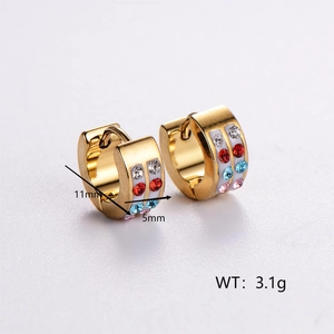 Polished gold earrings with colorful zircon inlay, 11mm diameter and 5mm width
