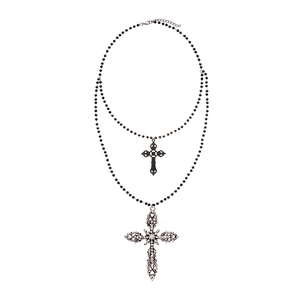 Double-layered black bead necklace with gothic cross pendants and sparkling rhinestones