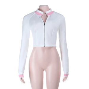 Detail of front zipper closure and pink rib-knit collar on white slim jacket