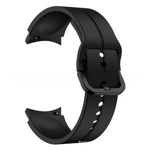 Detail view of black silicone replacement strap with metal buckle for Galaxy Watch