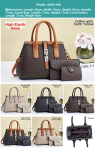 Detailed view of the three-piece handbag set featuring quilted faux leather and metal buckle