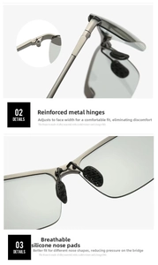 Detail view of polarized sunglasses with metal spring hinges and soft silicone nose pads