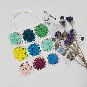 Detail of handmade crochet handbag with colorful floral patterns and woven textures