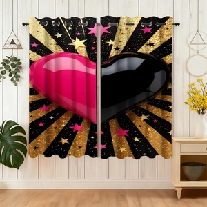 Black and pink 3D heart blackout curtains with golden stars for Valentine's Day decor