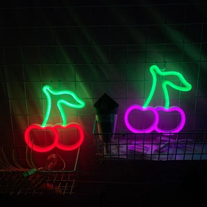 Detail of USB powered cherry shaped LED neon signs with red and purple light options
