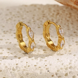 Marquise Cubic Zirconia Huggie Hoop Earrings 18K Gold Plated Stainless Steel Wave Textured Elegant Jewelry For Women