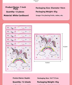 Détail de l'ensemble assiettes en carton 7 pouces et serviettes licorne pour fête d'enfants