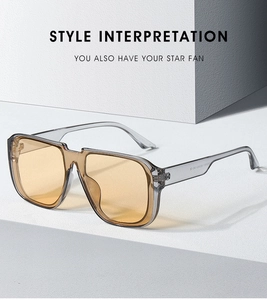 Detalle de gafas de sol cuadradas de gran tamaño con lentes naranjas y montura gris transparente