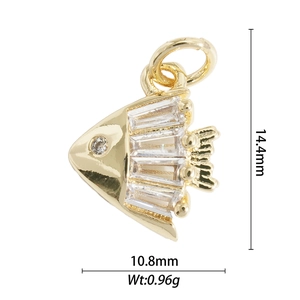 Detailed size and weight view of a gold-plated fish pendant with clear crystal inlays