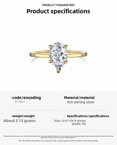 Detailed specs of S925 sterling silver ring with 8A pear cut champagne cubic zirconia