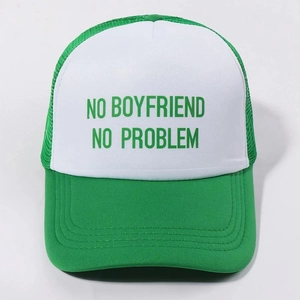 Green and white trucker hat featuring No Boyfriend No Problem print for outdoor style