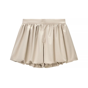 Women's chic beige PU leather puffy shorts with elastic high waist and pleated hem design