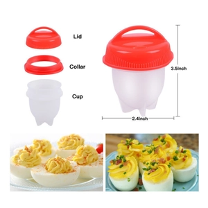 Silicone egg cooker set with dimensions for poached eggs and hard boiled cooking