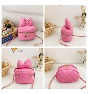 Pink bow crossbody bag featuring quilted stitching and golden chain strap in four-angle view