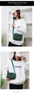 Detail view of dark green quilted nylon shoulder bag with adjustable strap and gold zipper