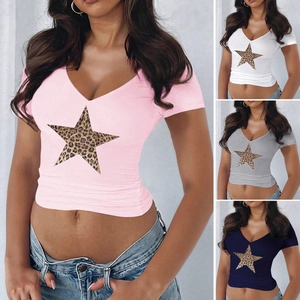 T-Shirt Femmes Imprimé Étoile Léopard Col V Manches Courtes Coupe Slim Viscose Élasthanne Top Sexy Été