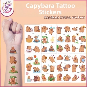 Detailed view of cute Capybara cartoon temporary tattoos on skin and product sheet