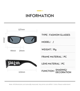 Detailed size chart for kids rectangular sunglasses with frame dimensions in millimeters