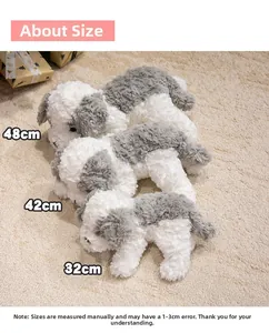 Size chart for cute gray and white plush puppy toys in three different measurements