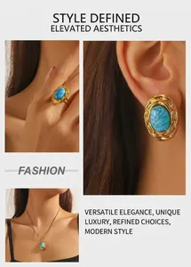 Close-up of vintage gold twist earrings and necklace set with oval blue turquoise stones