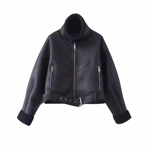 Women's black faux leather biker jacket with stand collar and faux shearling lining
