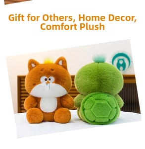 Detail of plush stuffed animal set featuring a brown cat doll and green turtle doll
