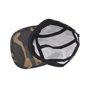 Detail of jungle camo 5-panel hat showing internal seams and adjustable strap buckle