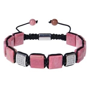 Macro view of woven bracelet with square pink stone and micro-pave zircon detail