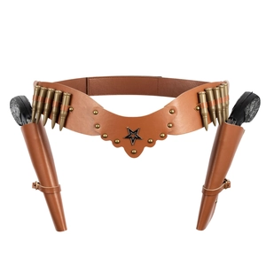 Close-up of brown leather cowboy gun holster belt with gold bullets and star badge
