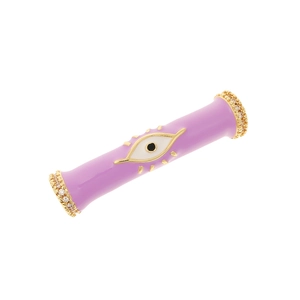 Close-up of purple cylindrical evil eye charm with gold edges and zircon stones